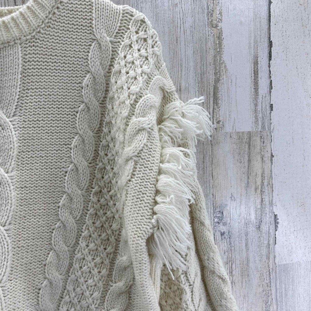 Cupcakes and Cashmere Boho Cozy Sweater Large Cream Cable Knit Fringe Wool Blend - Picture 6 of 10